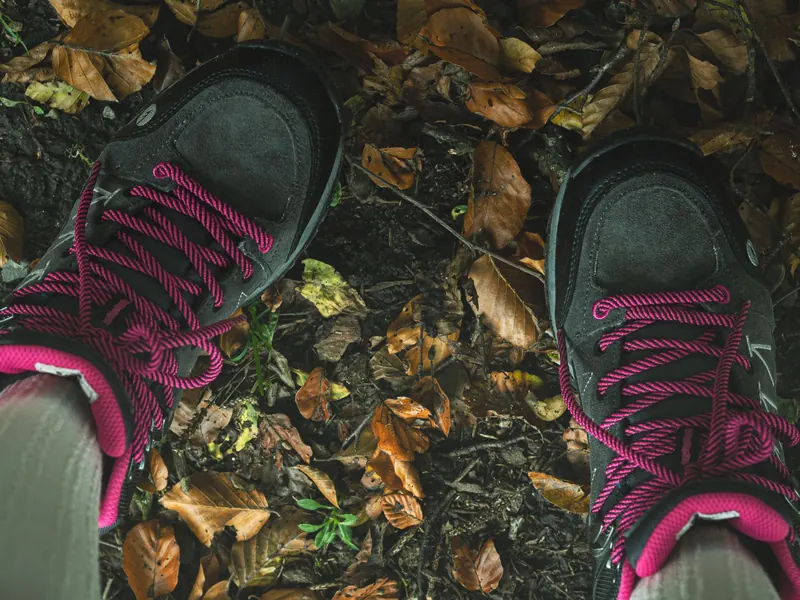 A pair of hiking boots on a leaf-covered forest floor during autumn, highlighting an outdoor adventure theme
