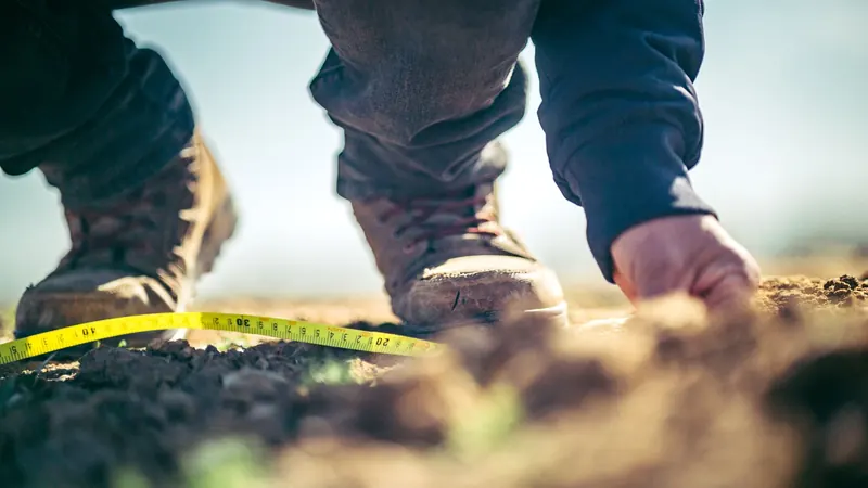 Focused shot of a person in boots measuring soil with tape outdoors